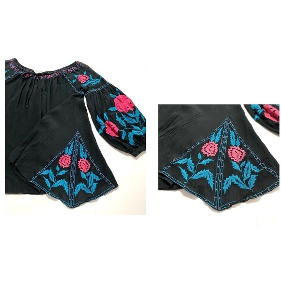 Roja Black Embroidered Tunic Top Blouse Size Medium Boho Peasant Floral - Picture 13 of 15